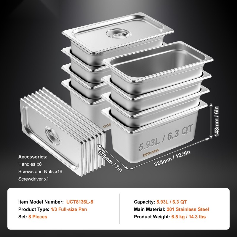 1/3-kokoiset höyrypannut 6 tuumaa syvät 8 kappaletta kansineen ruostumatonta terästä