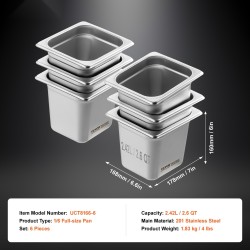 GN-hotelivuokat SUS201-ruostumaton teräs 1/6 GN-koko 6 kpl 6 tuumaa syvät ammattikeittiöille