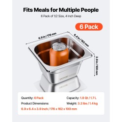 Vuoka 1/6 kokoinen ruostumaton teräs 100 mm 1,7 l 6 kpl