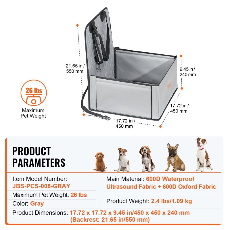 Koiran turvaistuin autoon 600D vedenpitävä kangas lasikuitutangot 26 paunaa harmaa