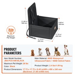 Koiran autosänky vedenpitävä kangas puuvillatäytteinen tukeva runko enintään 12 kg musta