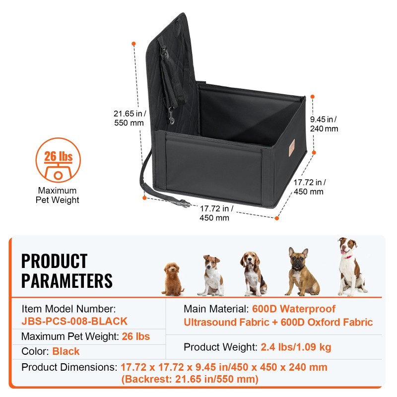 Koiran autosänky vedenpitävä kangas puuvillatäytteinen tukeva runko enintään 12 kg musta