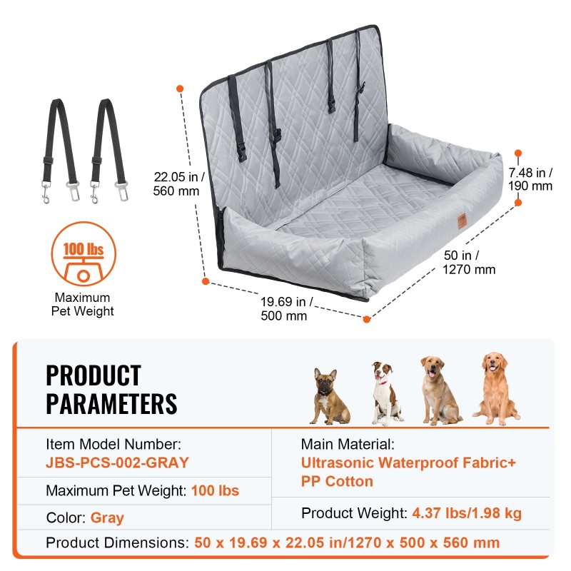 Koiran turvaistuin autoon vedenpitävä kangas PP-puuvillatäyte sopii jopa 100 paunaa harmaa