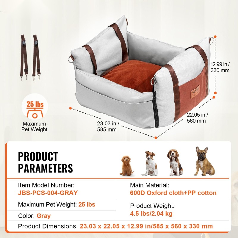 Koiran autopenkki vesitiivis 600D kangas harmaa PP puuvillatäytteellä sivukahvat turvakiinnityshihna säilytystasku