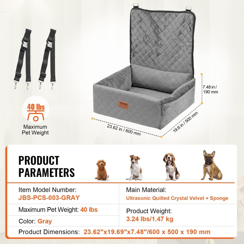 Auton koiranistuin harmaa kristallivelpikangas sienitäyte irrotettava päällinen enintään 18 kg