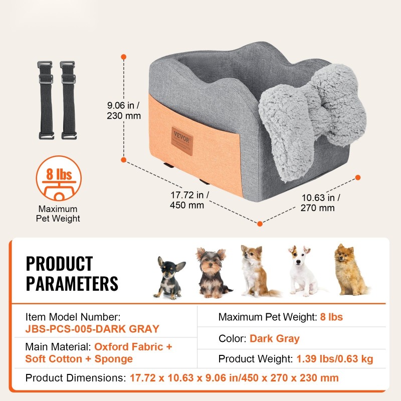 Keskikonsolin koiran istuin tummanharmaa Oxfordin kangas maksimipaino 8 paunaa