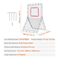 Palautusverkko baseball ja softball teräsrunko ja PE-verkko 1067x1829 mm 5 säädettävää asentoa