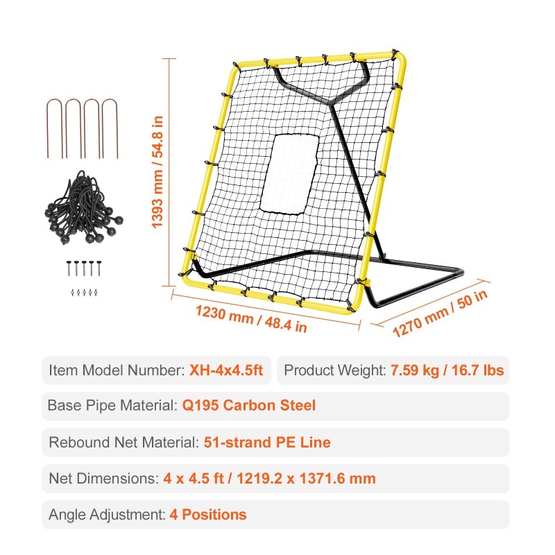 Harjoitusverkko pesäpalloon ja softboliin 122 x 137 cm teräsrunko 4-portainen kulmansäätö