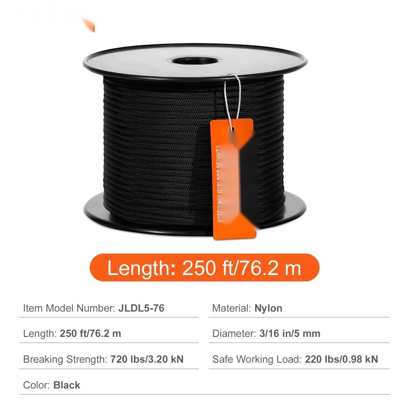 Punottu nailonköysi 5 mm 76,2 m musta muovikela murtolujuus 3,20 kN