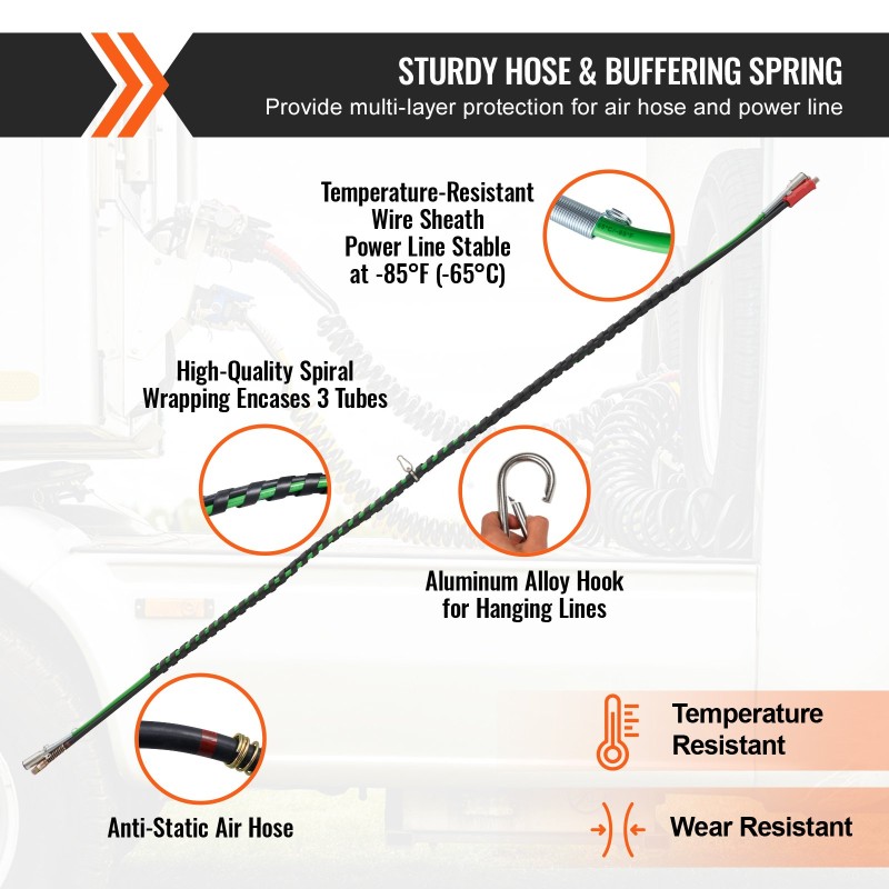 Paineilmaletkusarja kolmiosainen 4,6 m kumiletku ja 7-napainen virtajohto