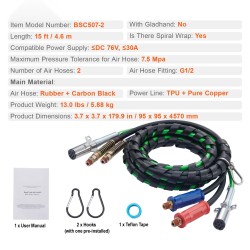 Paineilmaletkusarja kolmiosainen 4,6 m kumiletku ja 7-napainen virtajohto