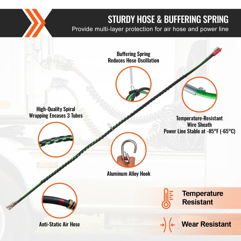 Puoliperävaunun 15 jalan kolmiosainen ilmaletku ja 7-napainen virtajohdosarja