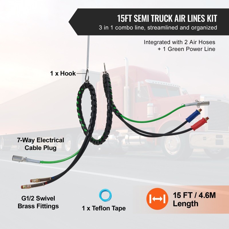Ilmaletkusarja 3,7 m puoliperävaunuille kaksi kumiletkua ja 7-napainen virtajohto