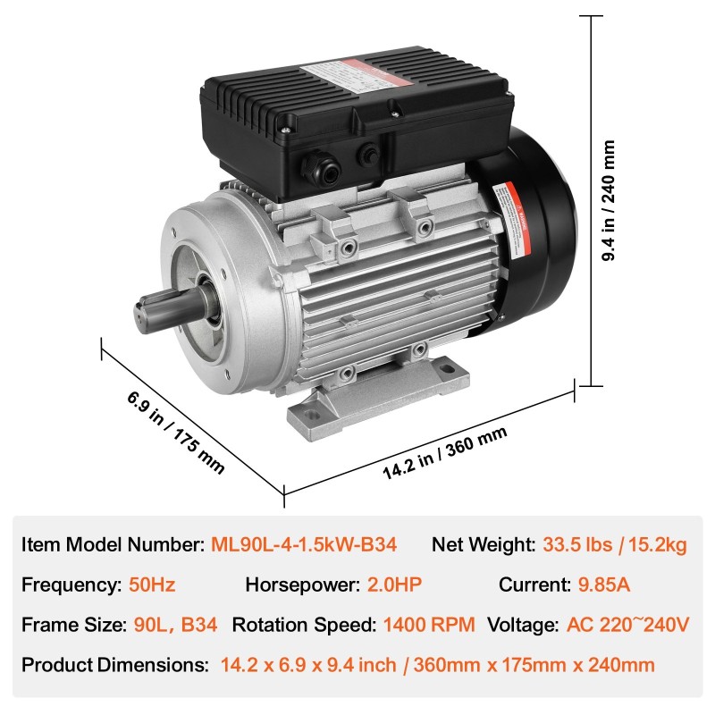 Sähkömoottori 1,5kW 1400r/min 220–240V yksivaiheinen 24mm uritettu akseli B34-asennus