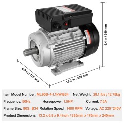 Yksivaiheinen 1,1 kW sähkömoottori 1400 r/min 220–240 V 24 mm akseli