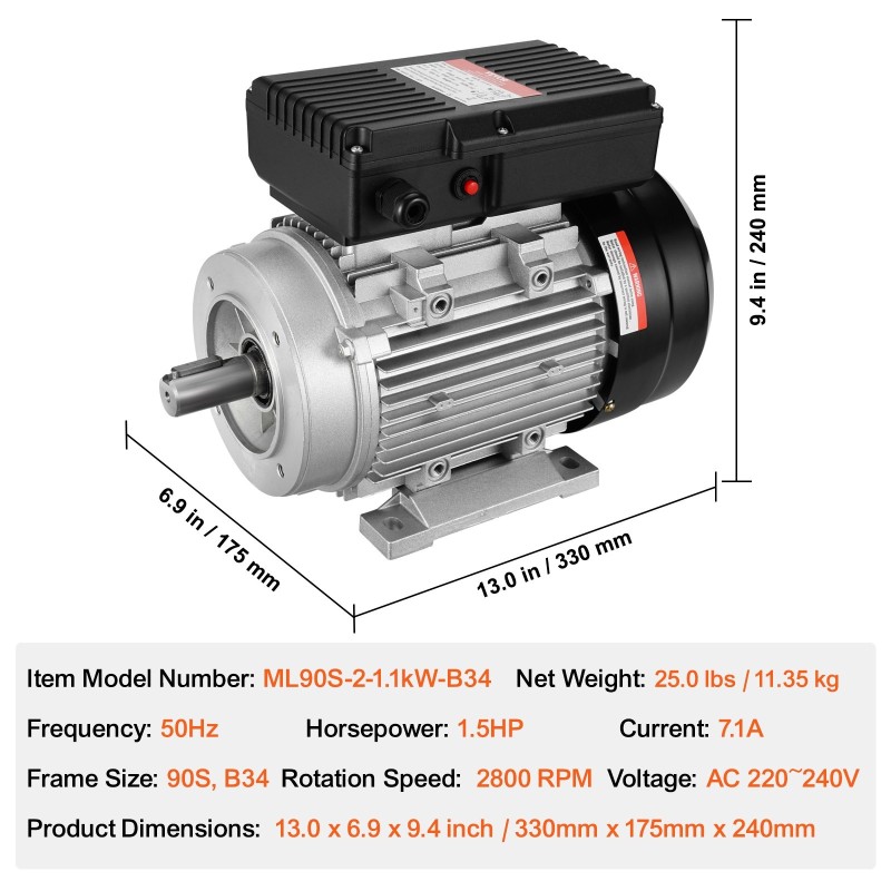 Sähkömoottori 1.1 kW yksivaiheinen 2800 kierrosta minuutissa 24 mm uritettu akseli 90S