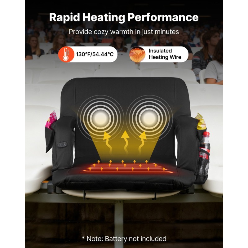 Lämmitettävä taitettava stadionistuin 635 mm leveä kolmella lämmitystasolla selkänojalla