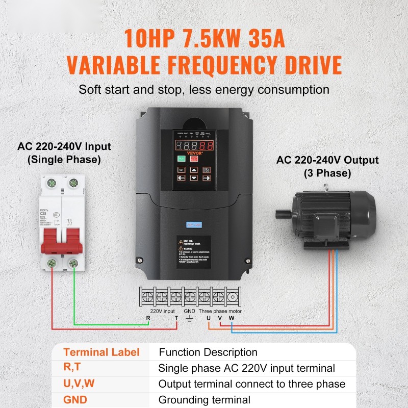 Taajuusmuuttaja 7,5 kW 35 A 220V 1/3-vaihe sisääntulo 220V 3-vaihe ulostulo