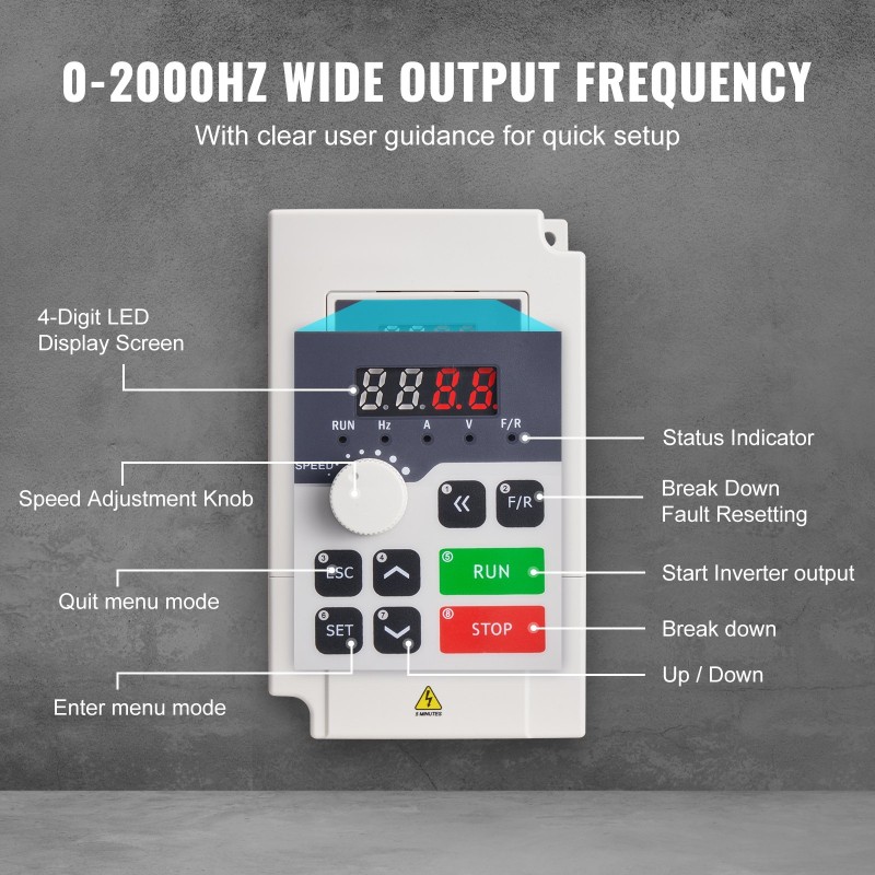 Taajuusmuuttaja 3-vaihe 2,2kW 3hv 5A 380V sisääntulo 50/60Hz 0-380V lähtö 0-2000Hz