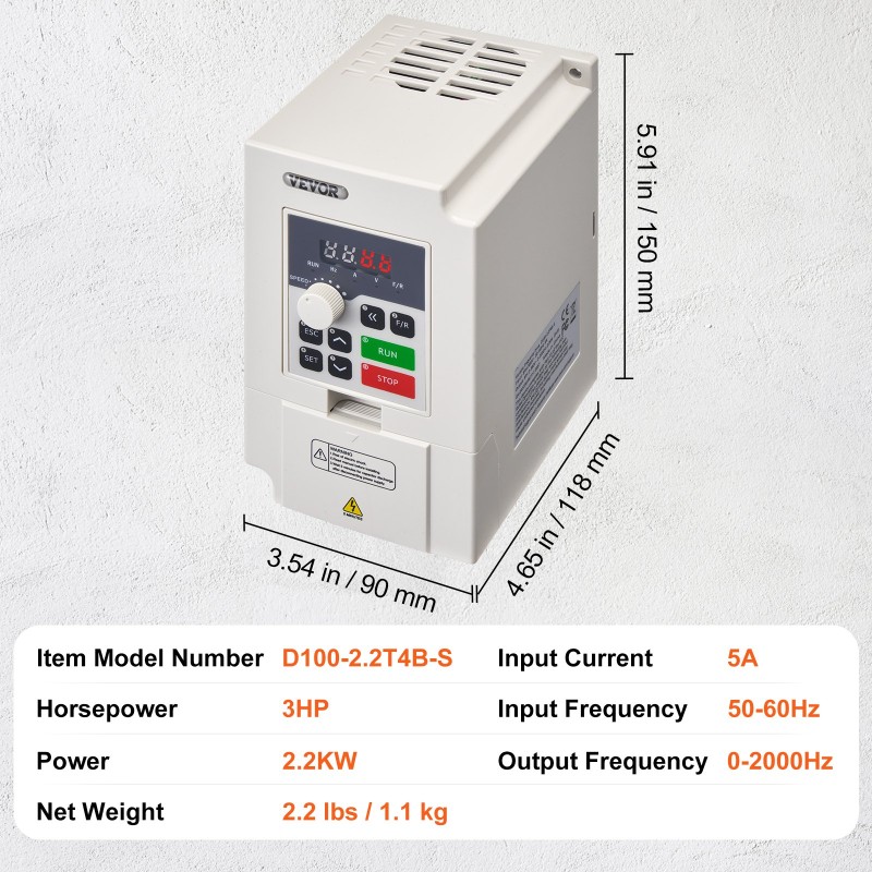 Taajuusmuuttaja 3-vaihe 2,2kW 3hv 5A 380V sisääntulo 50/60Hz 0-380V lähtö 0-2000Hz