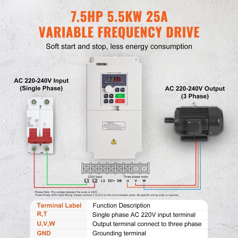 Taajuusmuuttaja 5,5kW 25A 1/3-vaihe 220V sisääntulo 3-vaihe 0-220V ulostulo