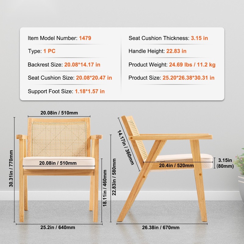Rottinkituoli PE-rottinkisellä selkänojalla pehmustettu istuin käsinojalla massiivipuurunko ruokailuun ja olohuoneeseen
