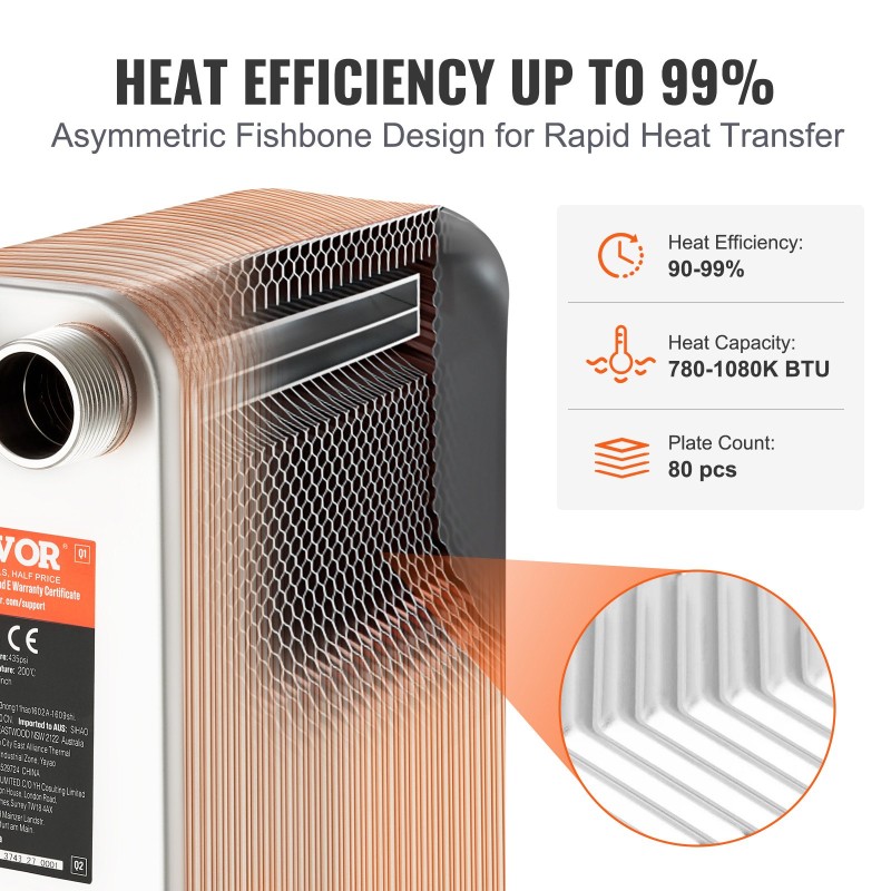 Juotettu levylämmönvaihdin 127x305 mm 80 levyä ruostumatonta terästä kuparijuotos