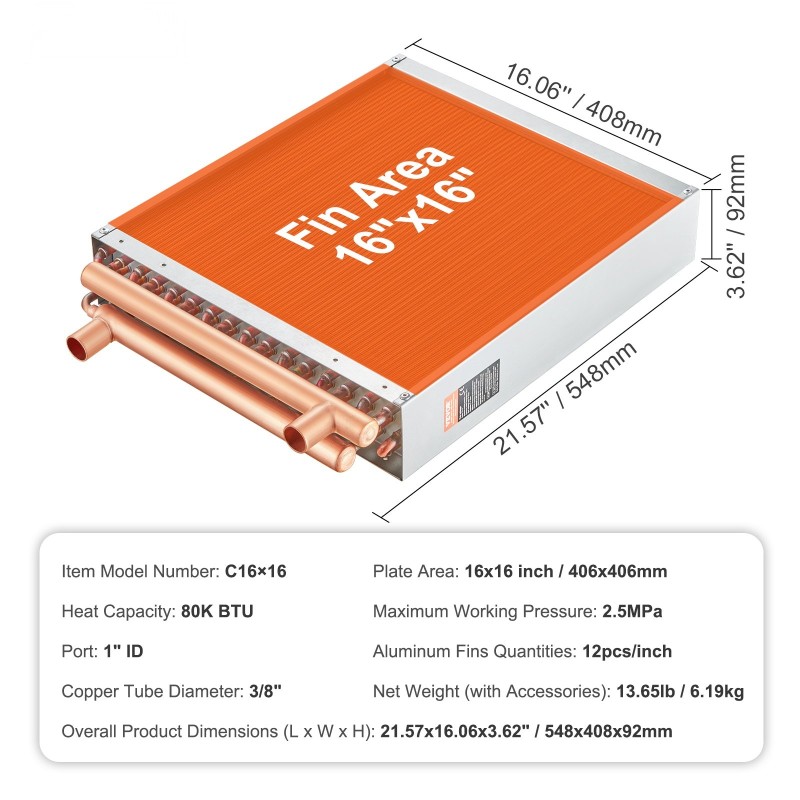 Vesi-ilma-lämmönvaihdin 40,6×40,6 cm ruostumaton teräs 316L 3-rivinen 9,5 mm kupariputkilla