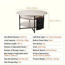 Nostokannellinen pyöreä sohvapöytä lastulevy ja teräsrunko halkaisija 90 cm tummanharmaa