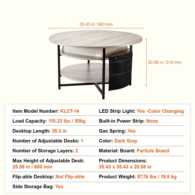 Nostokannellinen pyöreä sohvapöytä lastulevy ja teräsrunko halkaisija 90 cm tummanharmaa