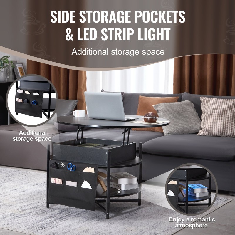 Sohvapöytä nostettava pyöreä 90 cm lastulevy teräs musta sivutaskuilla