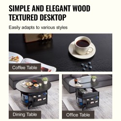 Sohvapöytä nostettava pyöreä 90 cm lastulevy teräs musta sivutaskuilla