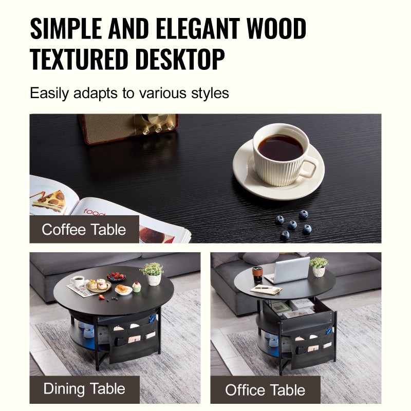 Sohvapöytä nostettava pyöreä 90 cm lastulevy teräs musta sivutaskuilla