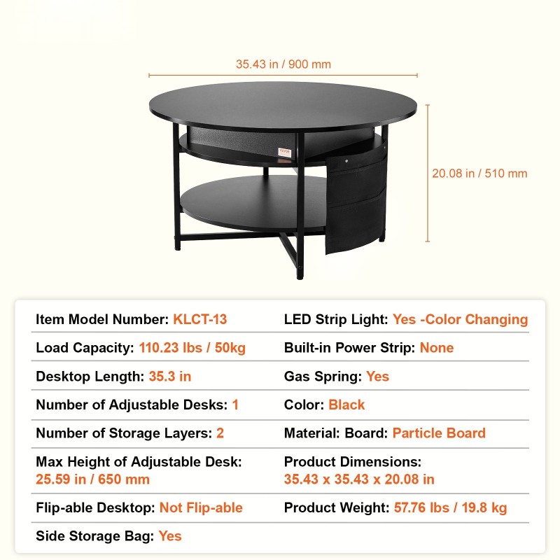 Sohvapöytä nostettava pyöreä 90 cm lastulevy teräs musta sivutaskuilla
