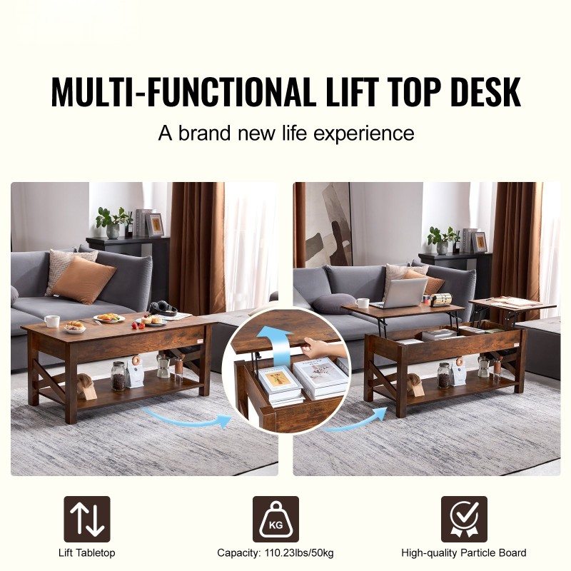 Sohvapöytä nostettava teräsrunko lastulevy 1200 mm ruskea säilytyksellä