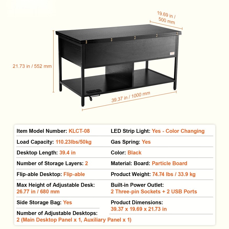 Nostettava sohvapöytä lastulevy teräsrunko 100 cm leveä 50 cm syvä säilytystila virtapaneeli