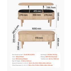 Nostokannellinen sohvapöytä 1000 mm soikea 3 piilotettua lokeroa MDF mänty tammi