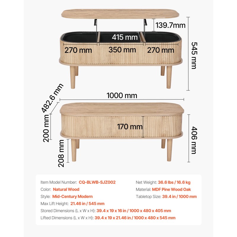 Nostokannellinen sohvapöytä 1000 mm soikea 3 piilotettua lokeroa MDF mänty tammi