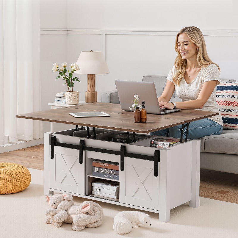 Nostokannellinen sohvapöytä 1000 mm lastulevy MDF piilotettu säilytyslokero valkoinen rustiikkiruskea