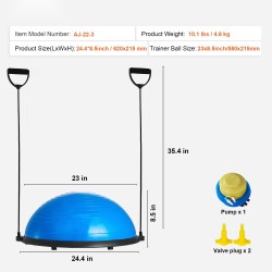 Puolikas tasapainopallo PVC 62 x 21,5 cm 300 kg vastusköydet ja jalkapumppu