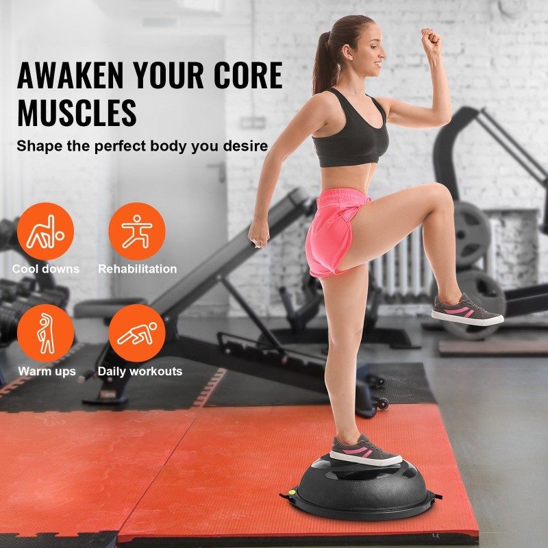 Puolikupolimallinen tasapainopallo PVC pinta 660 mm 680 kg musta vastusnauhoilla jalkapumpulla