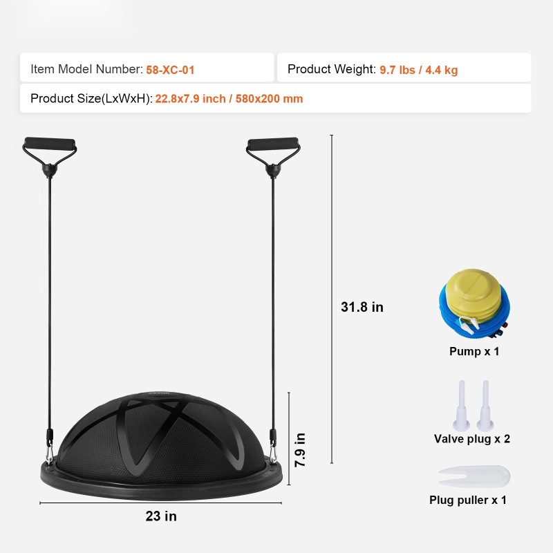 Puolikas PVC tasapainopallo 58 cm halkaisija 300 kg kantavuus pumpulla musta