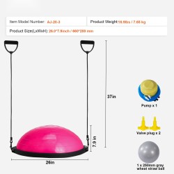 Puolikas tasapainopallo muovinen 66 senttimetriä vaaleanpunainen 680 kilogrammaa vastusnauhoilla jalkapumpulla