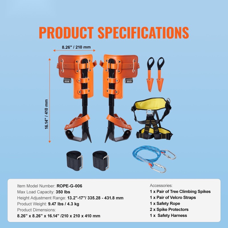 Puukiipeilykengät yksi pari seosteräsrunkoiset säädettävät remmit istumavaljaat turvaköysi
