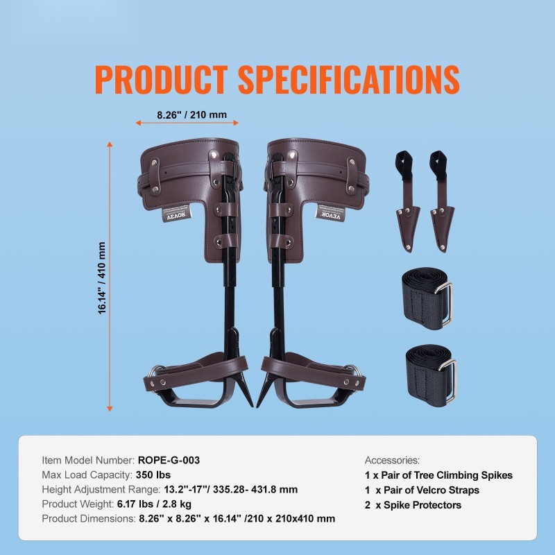 Puun kiipeilyraudat seosteräksestä säädettävä 335–432 mm korkeus 350 paunan maksimikuorma pari