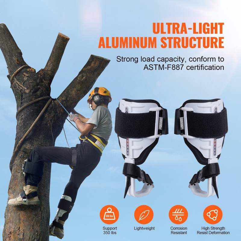 Puunkiipeilypiikit alumiinirunkoiset pari säädettävät 374–533 mm tarranauhalliset hihnat pistonsuojat