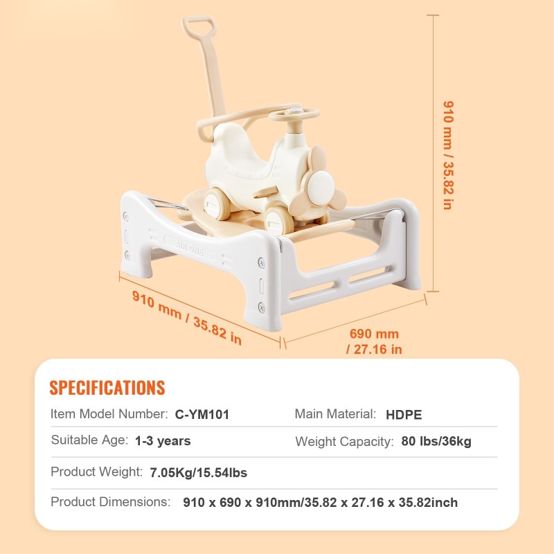 Keinuhevonen muovia 5 eri käyttötapaa 1–3-vuotiaille 36 kg kantavuus