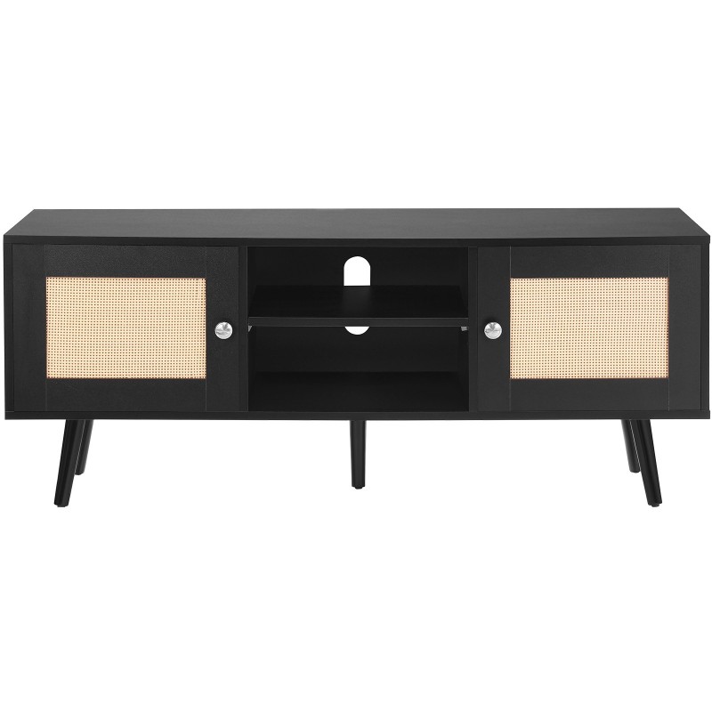 Rottinkinen televisiotaso musta satakaksikymmentä senttimetriä leveä kolme hyllyä sopii viisikymmentäviisi tuuman televisiolle