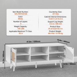 TV-taso rottinkinen ja puurunkoinen kolme tasoa säädettävä keskihylly valkoinen sopii 55-tuumaiselle