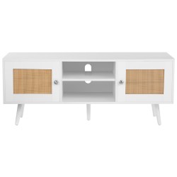 TV-taso rottinkinen ja puurunkoinen kolme tasoa säädettävä keskihylly valkoinen sopii 55-tuumaiselle